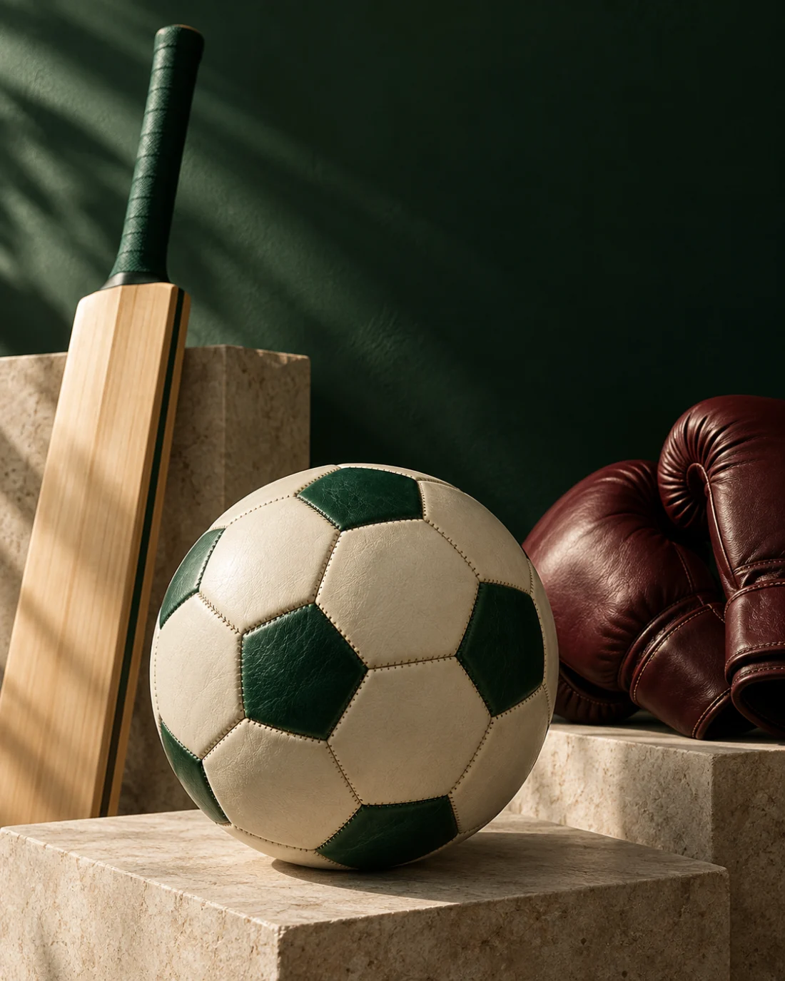 Illustrative still life of a football, cricket bat and boxing gloves